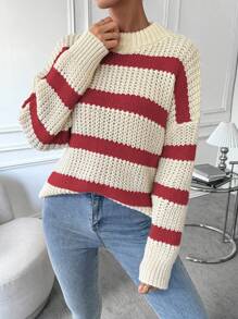 Flirla Striped Pattern Drop Shoulder Sweater Knit Pullover Fall Winter Outfit
