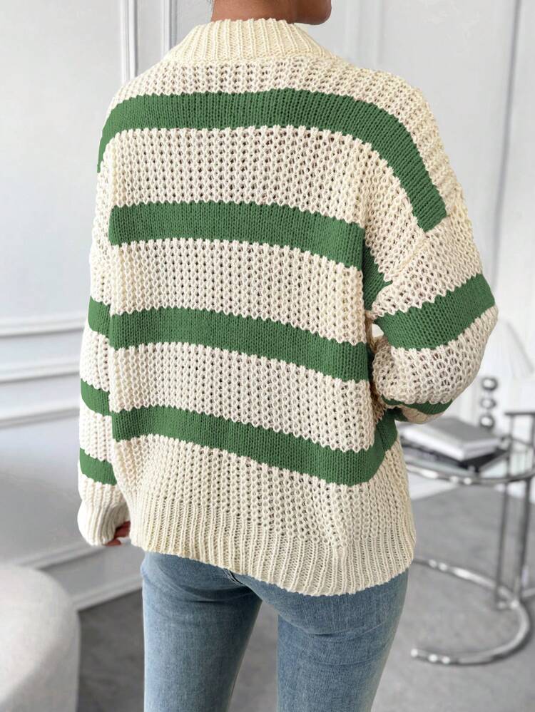 Striped Pattern Drop Shoulder Knit Pullover Fall Winter Sweater