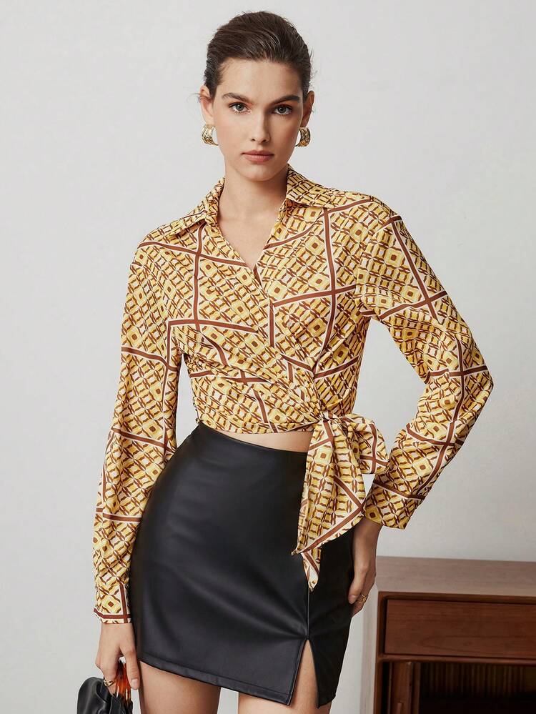 Women's Full Print Wrap Tie Front Blouse
