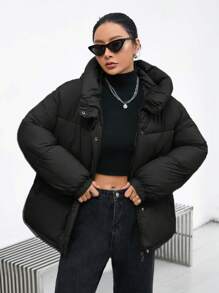 SHEIN Essnce 休闲纯色连帽加厚棉服外套，冬装 - 黑色 - 查看 1