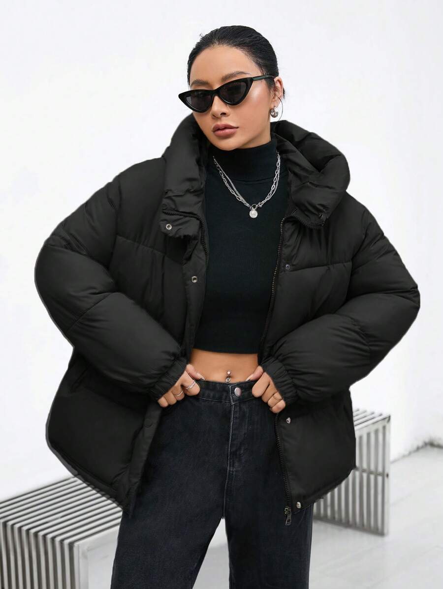 SHEIN Essnce 休闲纯色连帽加厚棉服外套，冬装 - 黑色 - 查看 1