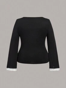 Flirla Kaos Ukuran Plus Kontras Lace Blok Warna Butterfly Casual - Hitam - View 5