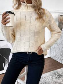 SHEIN LUNE Turtleneck Drop Shoulder Knit Pullover Fall Winter Sweater - Apricot - View 6