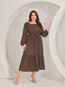 Mulvari 大碼印花繫腰帶洋裝 - 棕色 - 查看 6