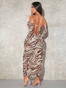 SHEIN SXY Summer;Zebra Striped Tie Backless Off Shoulder Bodycon Dress - Brown - View 1