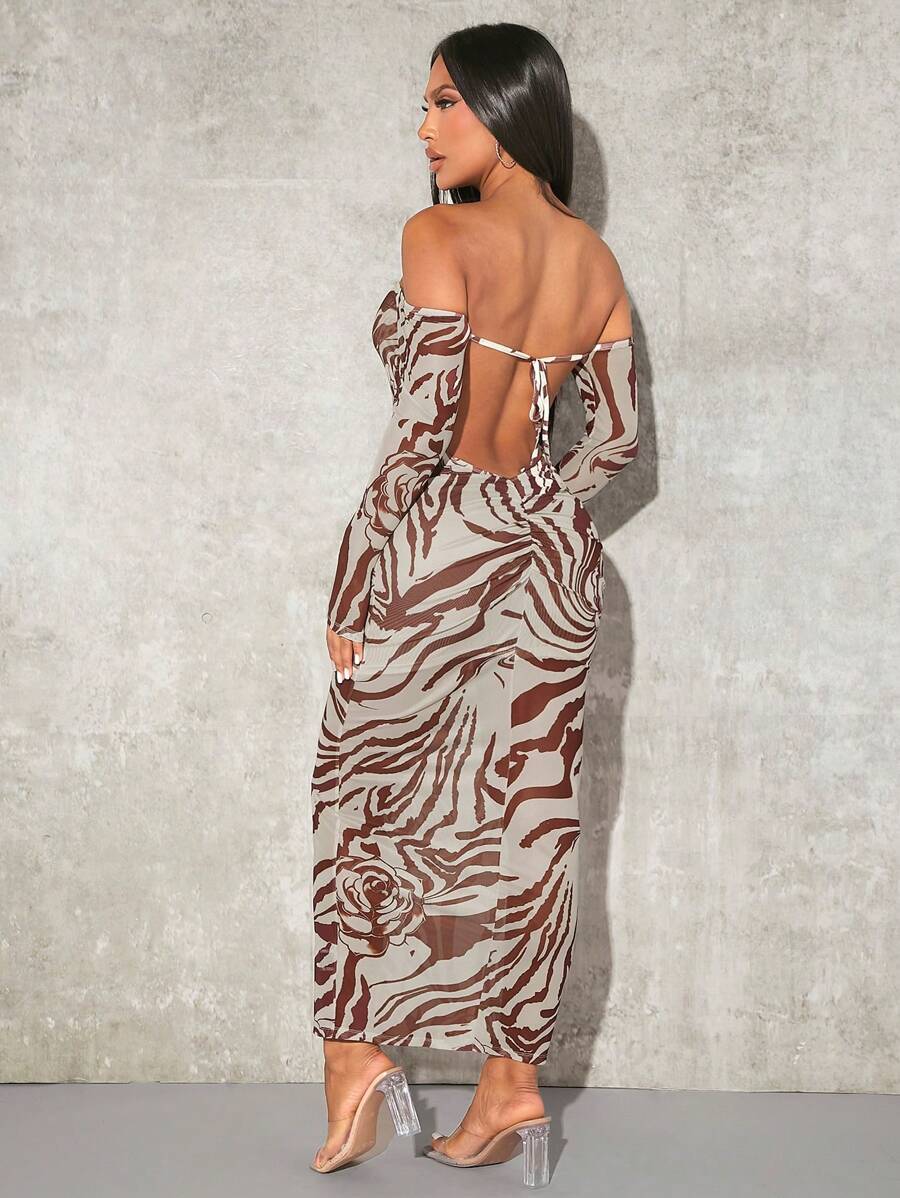 SHEIN SXY Summer;Zebra Striped Tie Backless Off Shoulder Bodycon Dress - Brown - View 1