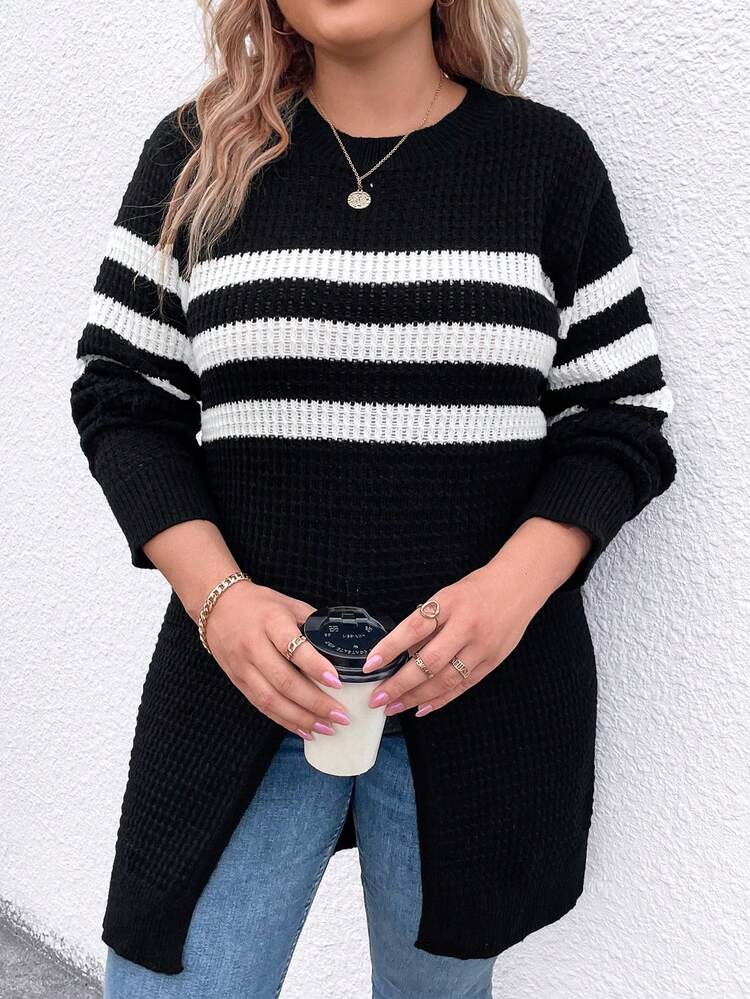 Plus Striped Pattern Split Hem Sweater Knit Pullover Fall Winter Sweater