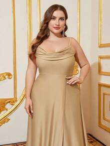 Plus Draped Collar Split Thigh Formal Cami Dress - Champagne - View 3