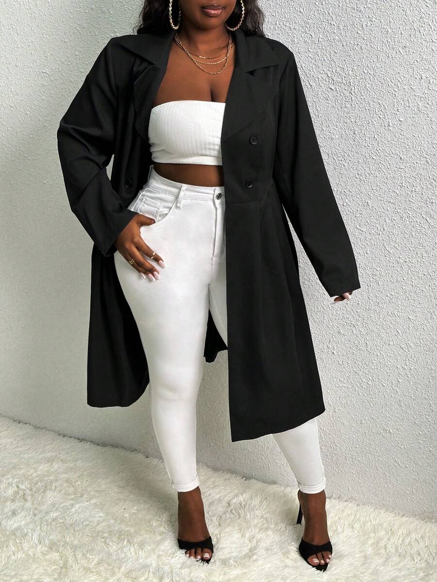 Slaydiva 加大號雙排扣風衣 - 黑色 - 查看 1