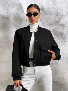 Túi có nắp Thả vai Áo khoác bomber - màu đen - Xem 4