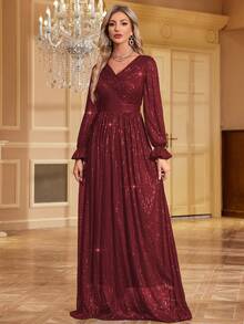 女士纯色亮片V领喇叭袖晚礼服（装饰繁复） - 紅色 - 查看 3