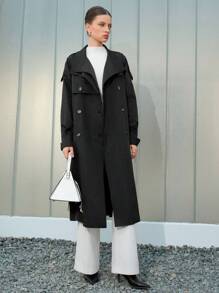 雙排釦腰帶風衣外套 - 黑色 - 查看 5