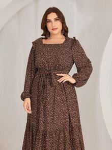 Mulvari 大碼印花繫腰帶洋裝 - 棕色 - 查看 4