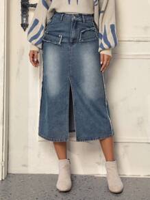 SHEIN LUNE High Waist Split Thigh Denim Skirt - Blue - View 6