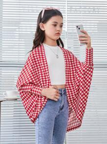 SHEIN 女大童千鳥格印花蝙蝠袖開門襟外套 - 酒紅色 - 查看 1