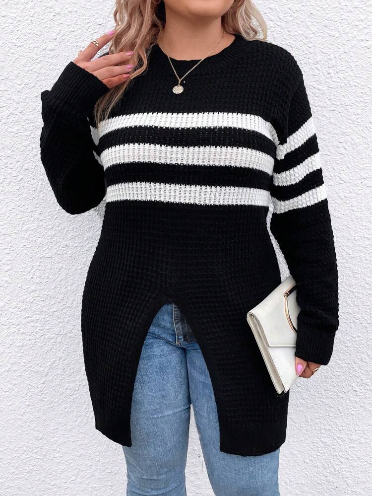 Plus Striped Pattern Split Hem Sweater Knit Pullover Fall Winter Sweater