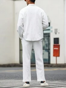 Manfinity Homme Conjunto De Camisa De Manga Larga Y Pantalón De Color Sólido Para Hombre Y Cómodo - Blanco - Ver 2