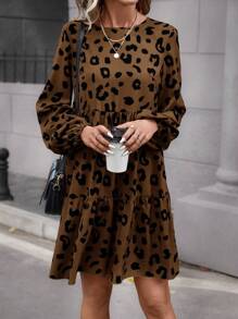 SHEIN LUNE Vestido smock con estampado de leopardo de manga farol bajo con fruncido - Café integral - Ver 6