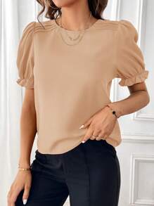 SHEIN Essnce Áo cánh tay bồng trơn, Áo tay ngắn - Màu Khaki - Xem 7