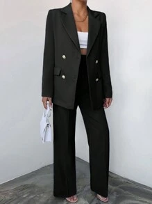 EURMUSE Solid Color Double-breasted Suit Set With Notched Lapel - Black - View 4