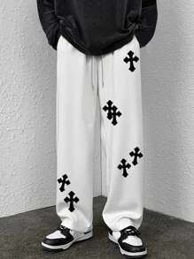 Manfinity EMRG Pantalones De Chándal Para Hombre Con Ajuste Holgado Y Estampado De Cruz Para Uso Casual - Blanco - Ver 5