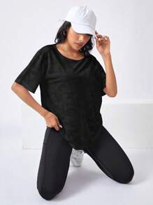 Easithlete Camo Print Cut Out Back Drop Shoulder Sports Tee