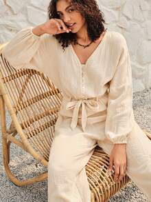 Bohemela Solid Color V-neck Lantern Sleeve Jumpsuit With Waist Belt - White - View 7