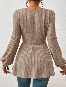 SHEIN Frenchy Cổ v Tay áo lồng đèn Xoay eo Áo thun - Màu nâu  Mocha - Xem 2