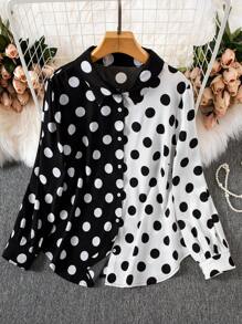 Celure Plus Polka Dot Print Two Tone Shirt - Black and White - View 1