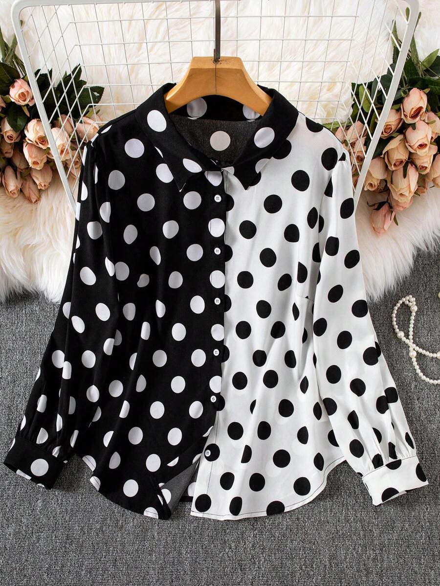 Celure Plus Polka Dot Print Two Tone Shirt - Black and White - View 1