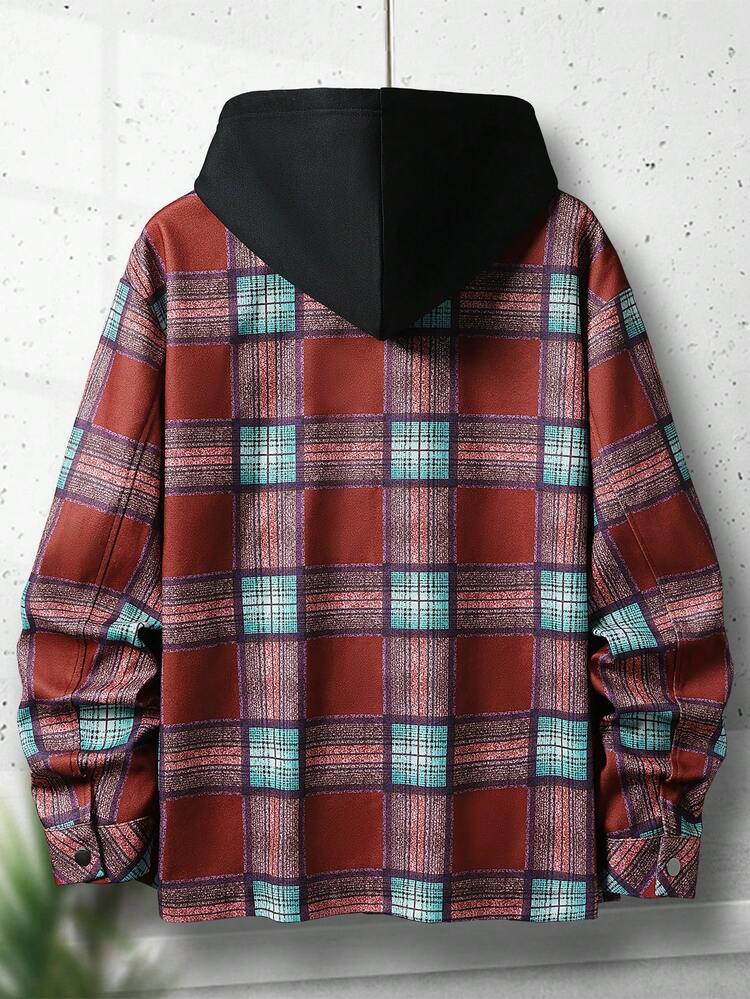 Loose Fit Men's Plaid Print Overcoat With Pocket Patch