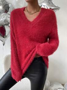 Chiquease V Neck Fluffy Knit Drop Shoulder Sweater - Red - View 5