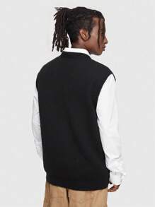 ROMWE MEN Street Life Men Knitted Sweater Vest With Letter And Star Pattern - Black - View 4
