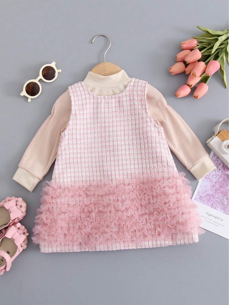 Baby Girl Mock Neck Tee & Plaid Mesh Ruffle Trim Dress