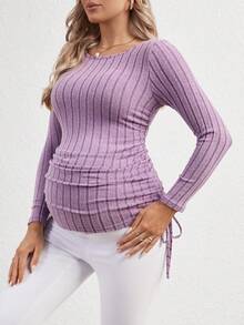 SHEIN Maternity Drawstring Side Ribbed Knit Tee - Purple - View 5