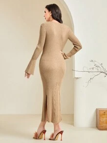 Modelyn Của phụ nữ Scoop Cổ Tay áo chuông Đầm Áo len - Màu Khaki - Xem 2