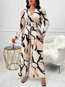 SHEIN Clasi 滿版印花泡泡袖闊腿連體褲 - 杏色 - 查看 4