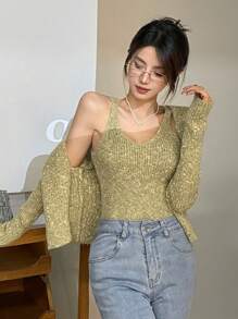 DAZY Atasan Rajut Cardigan & Cami Lengan Panjang Polos - Hijau - View 2