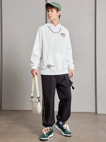 青少年男孩标语图案袋鼠口袋保暖卫衣 - 白色 - 查看 5