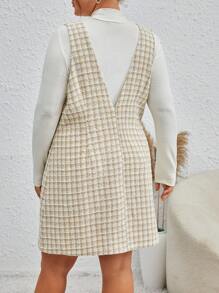 SHEIN Frenchy Plus Size Plaid Overall Dress With Button Details And Thick Woolen Material, Without Tee - Apricot - View 2
