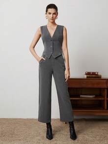 BizChic Women's Single Breasted Vest And Suit Pants Set - Grey - View 9