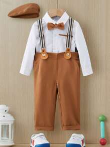 Baby Boy Bow Front Shirt & Suspender Pants & Hat - Brown - View 1