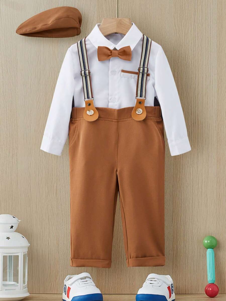 Baby Boy Bow Front Shirt & Suspender Pants & Hat - Brown - View 1