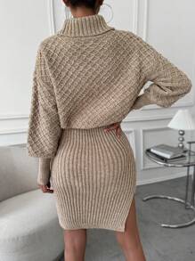 SHEIN Clasi Áo cao cổ tay cánh Viền chia cắt Đầm Áo len - Màu Khaki - Xem 2