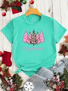 SHEIN LUNE Pink Christmas Tree Short Sleeve T-shirt - Green - View 1