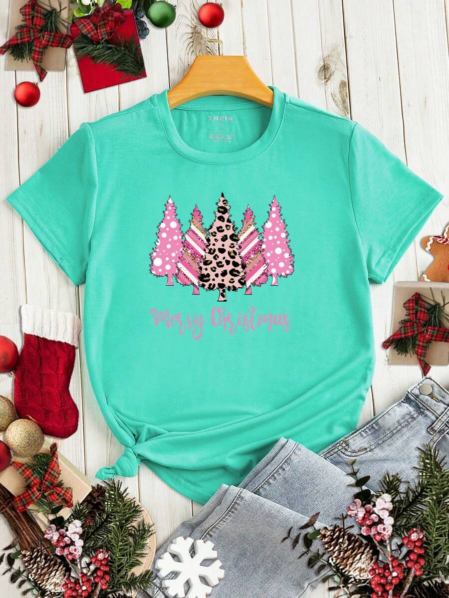 SHEIN LUNE Pink Christmas Tree Short Sleeve T-shirt - Green - View 1