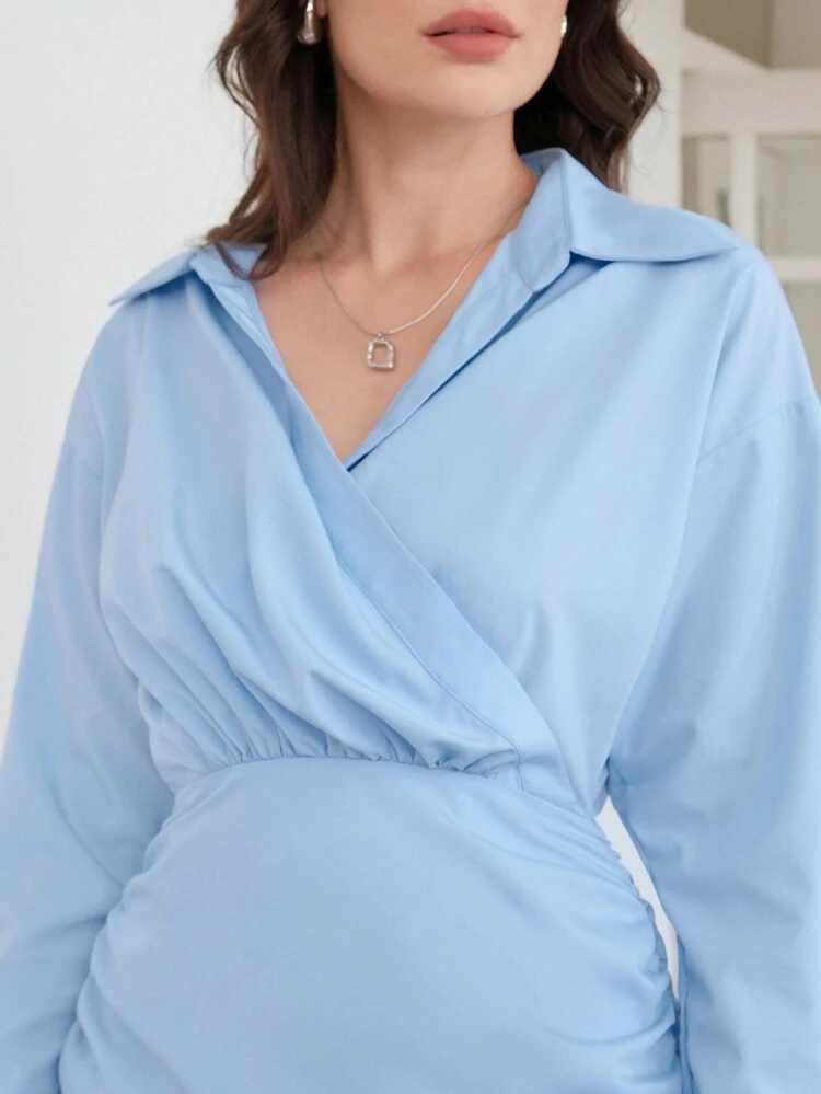 Solid Ruched Shirt Dress