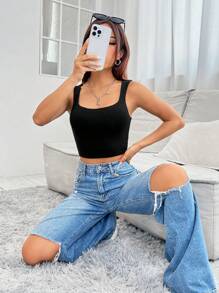 SHEIN PETITE Solid Crop Tank Top - Black - View 7