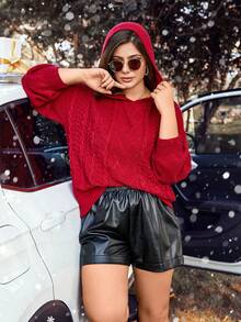 Calvaya 大碼麻花編織落肩袖連帽套頭毛衣 - 酒紅色 - 查看 2