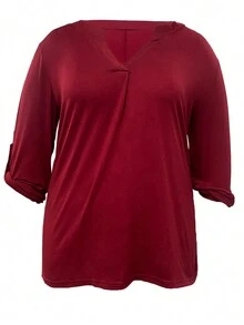 大码新品秋季时尚休闲 V 领纯色女式衬衫，适合办公室女士 - 酒紅色 - 查看 3